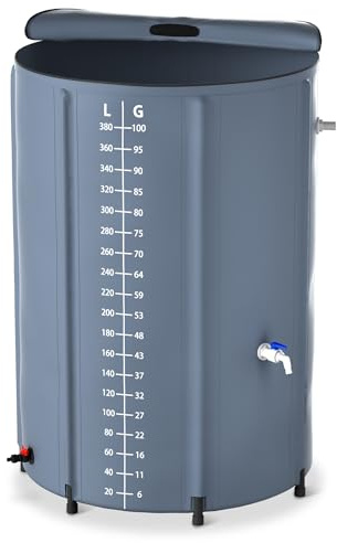 YUENFONG Regentonne Regenwassertonne, 100 Gallonen 380L Faltbare Regenwassertank mit Skalenanzeige, PVC Regentank inkl. ABS-Ablaufventil, Dunkelgrün