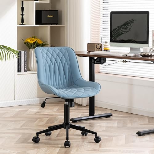 YOUNIKE Desk Chair with Wheels Armless Office Chair Swivel Rolling Task Chair with Back Upholstered Faux Leather Computer Chair Height Adjustable Office Chairs, Blue