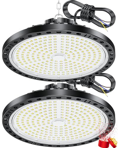 YIQIBRO Eclairage LED Garage 200W 2 Pièces, 20000LM Super Brillant UFO Eclairage Atelier, IP65 Étanche Lampe LED Exterieur, 7000K Blanc Froid Plafonnier pour Garage, Entrepôt, Atelier, Sous-sol, Usine
