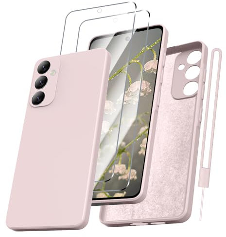 Kukiwhy Coque pour Samsung A55 avec 2 Verre Trempé Samsung Galaxy A55 4G/5G avec Doublure en Microfibre Douce et résistante aux Rayures Anti Rayures Silicone Antichoc Housse,Rose