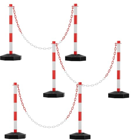 Ikodm 6X Absperrpfosten, Kettenpfosten von 1,4 m Kunststoff Absperrketten Rot und Weiß, Poller Standfuß fasst 3,5 kg Wasser und Sand, Sperrpfosten für Parkplatz, Garage, Auffahrt, dem Tor