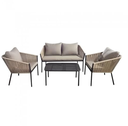 Grindi - Gartenmöbel Lounge Set, Seilgeflecht, Seilbespannung, Balkonmöbel - 4 Personen, mit Sofa, Tisch & Stühlen - beige, Paga I - wetterfest Sitzbezüge - für Garten, Balkon, Terrasse, Flache