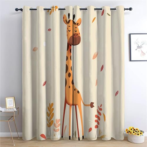 CozyRest Beige Blickdichte Vorhänge Schlafzimmer 160 x 70 cm Vorhänge Dekor Jugendliche Kinder Gaming Schiebevorhänge Tier-Cartoon-Giraffe Vorhänge Dekor Set of 2er Panels