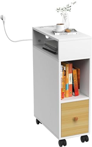 nwixbqoqn Table d'Appoint avec Station de Charge, Table de Chevet avec roulettes, Prises et Ports USB, Tiroir et 2 Étagères de Rangement, Table Bout de Canapé pour Salon, Chambre, Bois, 50x25x70cm