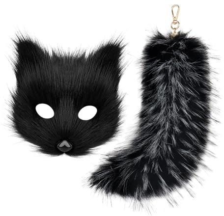 Therian-Maske und Schwanz-Set, Halbmaske für Bühnenauftritte, Schwarz