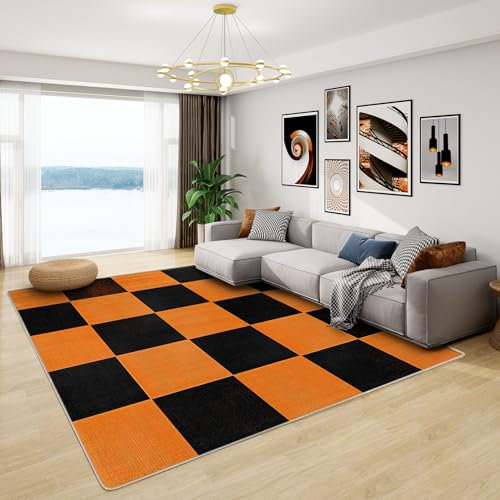 Schachbrett Teppich - Teppich Wohnzimmer Schlafzimmer Schwarz Orange, Großer Teppich Kariert, Weich Kurzflor & Waschbar & rutschfest Wohnzimmerteppich, Kinderteppich, Bettvorleger 120x170 cm