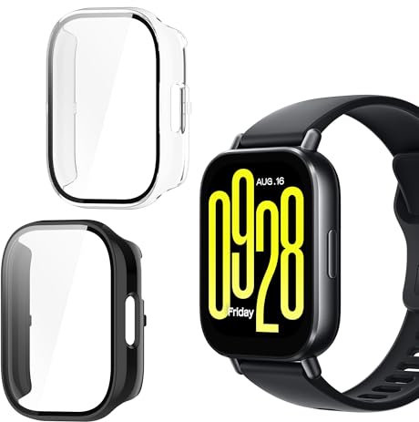 NEWZEROL 2 Piezas Fundas Protectoras Compatibles para Xiaomi Redmi Watch 5 Active, Marco Protector de PC + Funda Protectora de Pantalla de Vidrio Templado - Negro/Transparente