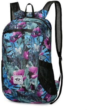 PORRASSO Wanderrucksack Faltbarer Wasserdichter Rucksack 20L Ultraleichter Reiserucksack Hiking Backpack für Damen Herren Camping Trekking Radfahren Klettern Reisen Sport Blaue Blume