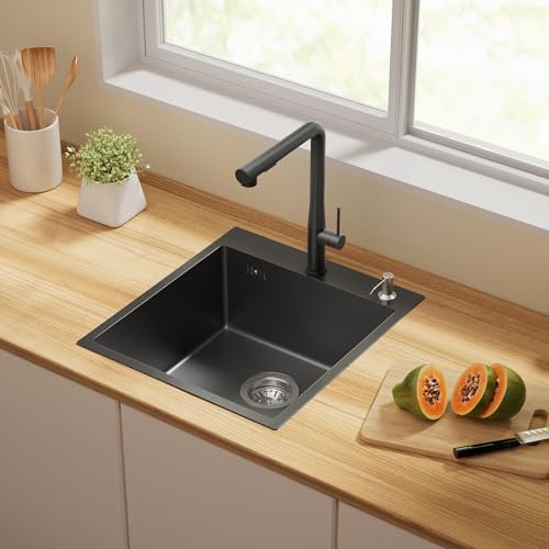Auralum Fregadero negro 44 x 49 cm+grifo de cocina grifo de cocina extensible negro
