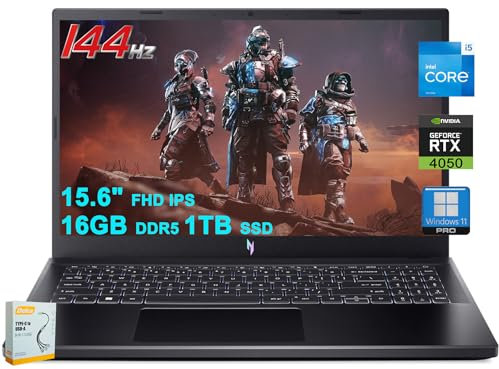 acer Nitro V 15 Gaming Laptop | 15.6 pulgadas FHD IPS 144Hz | Intel 8-core i5-13420H | 16GB DDR5 1TB SSD | GeForce RTX 4050 | USB-C Win11Pro retroiluminado con accesorio DLCA