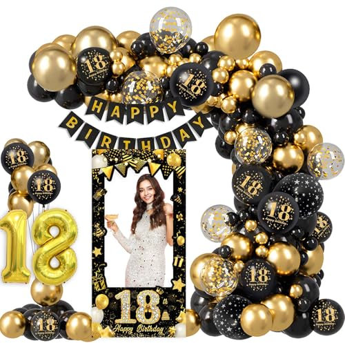 18. Geburtstag Deko Set – Schwarz Gold Ballonbogen mit Happy Birthday Banner, Fotorequisiten & 32 Zahlenballons – Deko 18. Geburtstag Junge & Mädchen, Party Deko Set für 18. Feier Deko