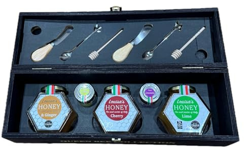 Louisa’s Honey Queen Bee Gift Set | 3x 400g Cherry, Acacia & Ginger, Lime | 2x 50g Acacia, Wildflower | 2 Spoons, 2 Drizzlers, 2 Spreaders | Natural, Lab-Tested, NON-GMO