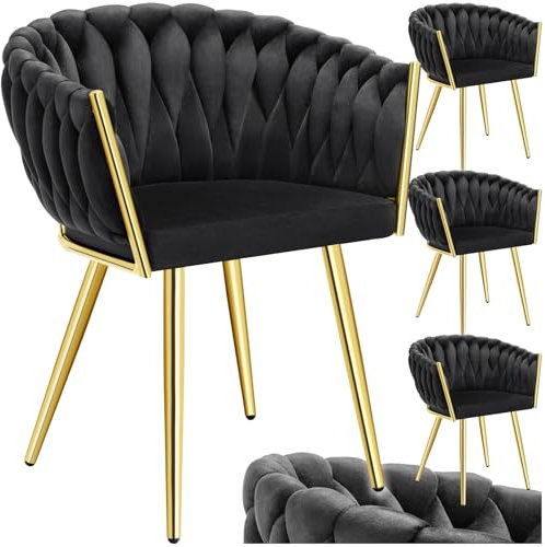 tectake® Samt Stuhl, Schalenstuhl mit Armlehne in Knoten Optik, Esszimmerstühle, Sessel modern für Wohnzimmer, Esszimmer, als Küchenstühle, für Schminktisch, Dining Chair Set - Schwarz/Gold, 4er Set