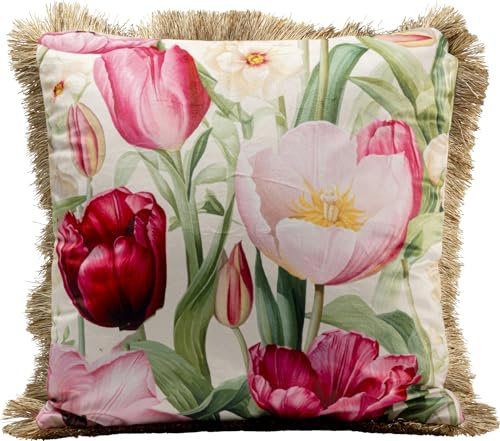 Kare Design Kissen Tulips, Mehrfarbig, 45x45 cm, Abnehmbarer Bezug mit Reißverschluss, Motiv Blumen, Mit Fransenkanten, Dekokissen inklusive Füllung, Zierkissen, Sofakissen