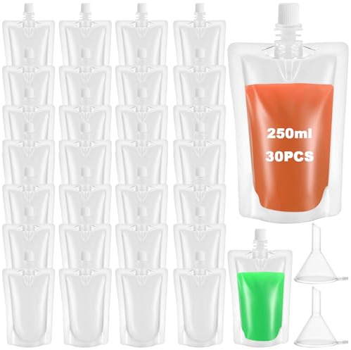 NVGVUP 30 Pack Refillable Clear Plastic Flasks Drink Pouches 250ml | with Caps and Funnel, Leak Proof Juice Liquid Pouches, Hot Cold Beverage Bags for Party Picnic Travel Festivals