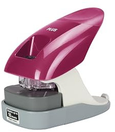 PLUS, Klammerloser Hefter Schreibtischmodell, Heftleistung 10 Blatt, mit Anschlagschiene, Heft- und Lochfunktion, Weinrot