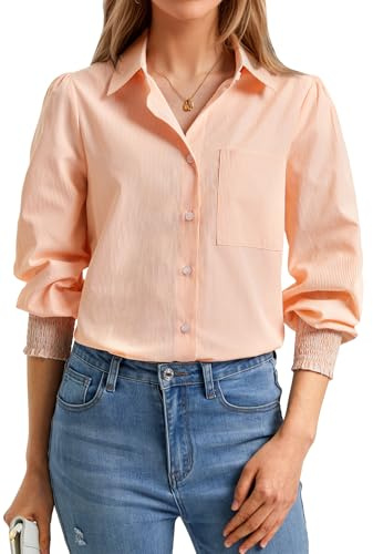 Enmain Shirt for Women Striped Button Down Casual Ladies Blouses Long Sleeve V Neck with Pocket Puff Sleeves Women Shirts Business Pinstripes Work Office S-4XL