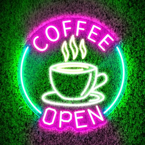 Leuchtendes Open Neonlicht-Schild für Coffee Bar – Dimmbarer LED Acryl-Leuchtschild, USB-versorgt (5V) | Wanddekoration für Café, Club, Party, Geschäftsraum | 12,6 x 13 Zoll