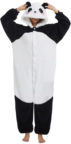 Panda Jumpsuit Damen Tier Oversized Kuschelig Schlafanzug Herren Lang mit Kapuze Reißverschluss Unisex Tier Tierkostüme Nachtwäsche Winter