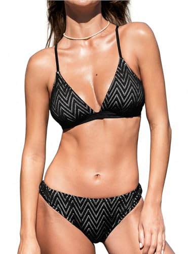 CUPSHE Bikini Damen Set Triangel Kontrastpaspel Brazilian Zweiteilig | V-Ausschnitt,Niedriger Bund,Gekreuzter Rücken,Selbstbindend,Spaghettiträger,Für Strand und,Bademode,Zweiteiliger,Badeanzug