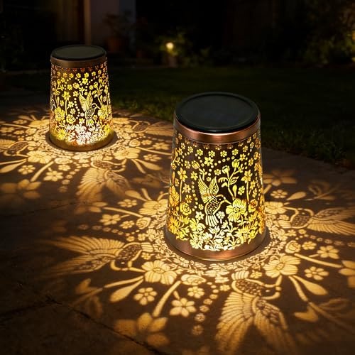 Solar Lanterns for Outside 2 Pack ,Garden Ornaments Outdoor Solar Lantern IP65 Waterproof Metal Hummingbird Birthday Gifts for Women Mum Grandma for Patio Lawn Yard Decor
