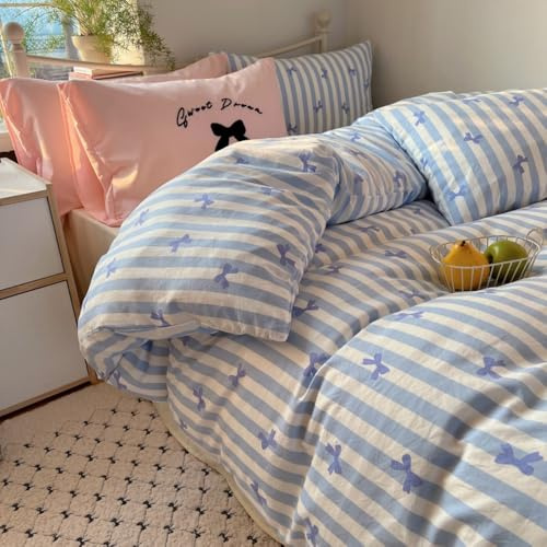 Bettwäsche 135x200 Blau Weiß Gestreift Schleifen und Kissenbezug 80x80 | Bettwäsche Set 2 Teilig, Mädchen, Kawaii, Blau Streifen, Schleifenmuster, Niedlich, Aesthetic, Microfaser, Reißverschluss