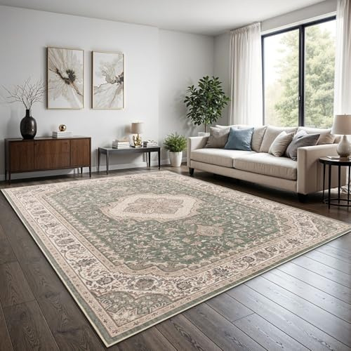 TT Home Boho Vintage Teppich Wohnzimmer Kurzflor - Retro Design, rutschfest & pflegeleicht, modern für Esszimmer & Flur Waschbar, Farbe:Grün, Größe:160x220 cm