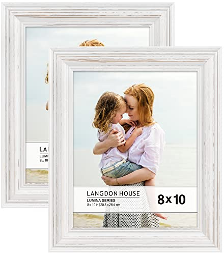 Langdon House - 10x8 Real Wood Picture Frames - Weathered White - Gold Accents, 2 Pack - French Country Style Wooden Photo Frame 10 x 8 - Lumina Collection