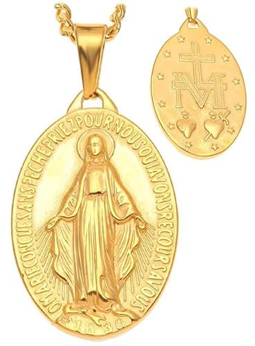 BOBIJOO JEWELRY - Großer Anhänger 4cm Mann Medaillon mit der Wundertätigen Madonna Maria Stahl, verzinkt Gold + Kette