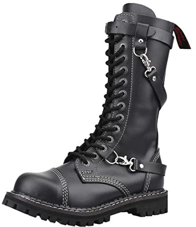 Angry Itch Anfibi Stivali Militari Unisex Donna Uomo Pelle Nero 14 Buchi Fibbie Punta di Ferro Punk