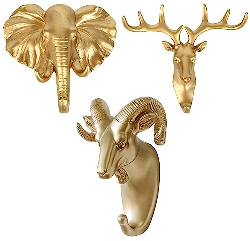 Cabilock 3 Stück Gold Tierkopf Haken Elefant Ziege Hirsch Wandhalterung Haken Kleiderbügel Selbstklebende Hängehaken für Kleidung Hut Handtuch Kleinigkeiten