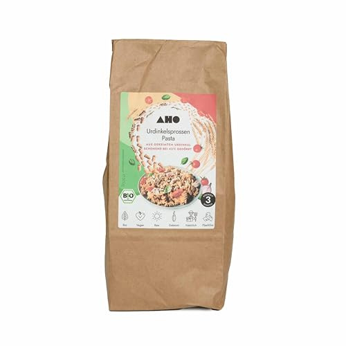 AHO Urdinkelsprossen Pasta 500g, Basische Bio Nudeln aus 60 Stunden gekeimtem Urdinkel, Verträglich bei Histaminintoleranz, Plastikfrei verpackt (500g)