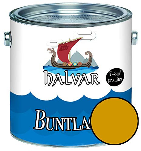 Halvar Buntlack für Holz & Metall MATT Gelb RAL 1000-1037 Holzfarbe Holzlack Innen & Außen robuster Kunstharzlack Wetterbeständig & perfekter Langzeitschutz (2,5 L, RAL 1005 Honiggelb)