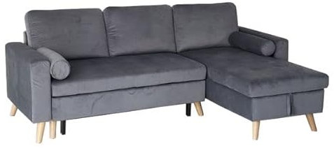 Happy Garden Canapé d'angle Convertible James 3 Places en Velours Gris. Canapé au Style scandinave avec méridienne réversible et Coffre de Rangement.