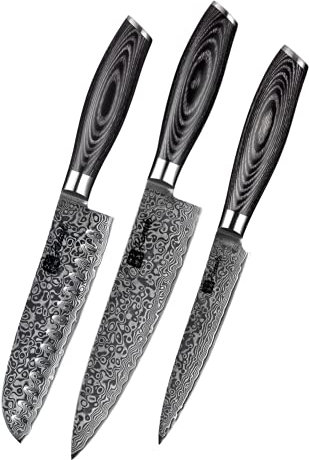 Kensaki 3er Messerset aus Damaszener Stahl Küchenmesser Japanischer Art hergestellt aus 67 Lagen Damaststahl – Kuro Serie, KEN-113, 3er Set