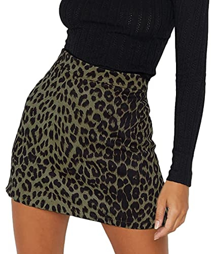 FEOYA Women's High Waist Bodycon Skirt - Leopard Print Split Mini A Line Short Faux Suede Skinny Skirt - Dark Green M