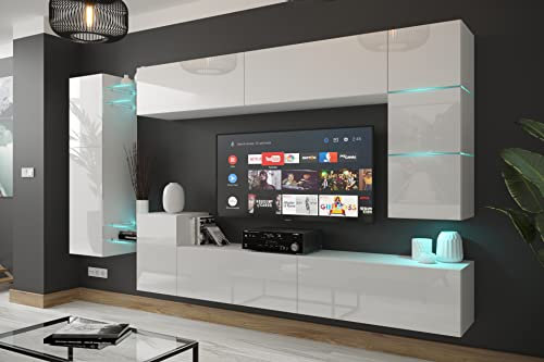 Furnitech Wohnwand Wohnzimmer | Wohnzimmer Möbel mit LED Weiß | Hängend Wohnwand Modern | Wohnzimmer Schrankwand mit Regale und TV Schrank (AN90NEW-21W-HG2)