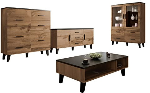 Mirjan24 Wohnzimmer Lotta II-I, Wohnzimmer-Set im skandinavischen Stil, Kommode, TV Lowboard und Vitrine, Komplett (Eiche Wotan + Schwarz)