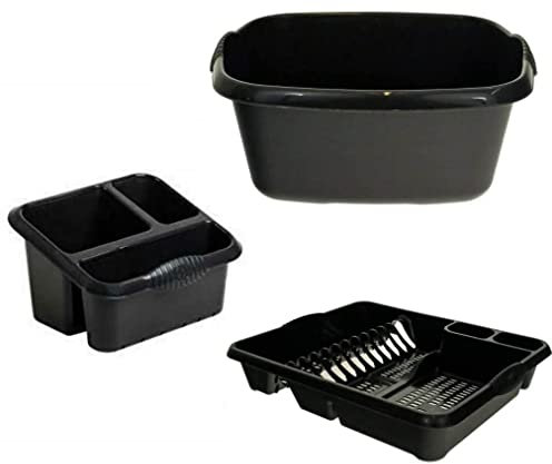 HOMION Set Of 3 Plastic Large Kitchen Sink Rectangular Sink Tidy, Washing Up Bowl And Large Dish Drainer ( Midnight / Graphite )