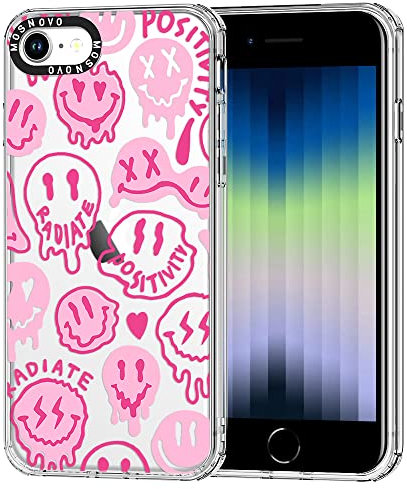 MOSNOVO Case for iPhone SE, iPhone 8 & 7, [Buffertech 6.6ft Military-Grade Drop Protection] [Anti Peel Off Tech] Clear TPU Bumper Phone CasE - Pink Dripping Smiles Positivity Radiate Face