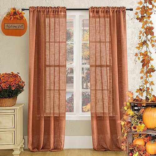 SHINELAND Burnt Orange Vorhänge für Wohnzimmer, 213 cm lang, durchscheinend, Boho-Kunstleinen, strukturiert, indische böhmische Vorhänge für Schlafzimmer, Fenster, Dunkelorange