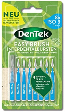 DenTek Eco Easybrush Interdentalbürste ISO 3 8 Stk. Pflanzenbasiert- 0,6 medium für normale Zahnzwischenräume, mit Minzgeschmack & hygienischer Schutzkappe - Wiederverwendbar