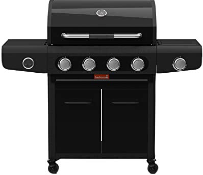 Barbecook Siesta 412 Graphite barbecue à gaz avec table d'appoint fixe, 4 brûleurs et brûleur latéral, grilles en fonte émaillée, 132x56x118cm
