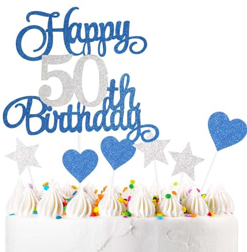 ZHIHUI Tortendeko 50 Geburtstag Blau&Silber Junge Mädchen, 7Stück 50.Kuchendeko Geburtstag, Happy 50 Birthday Deko Torte Kuchen Deko Cake Topper für 50 Geburstagstorte Deko Jungen Mädchen Mann Frau