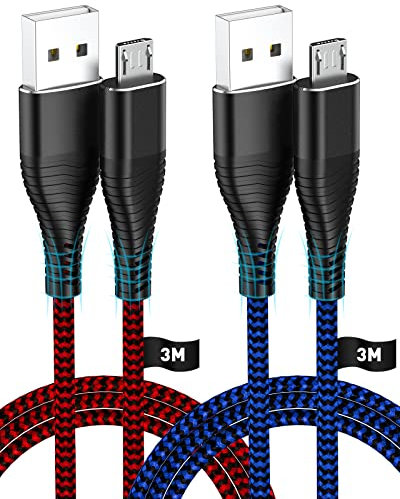 HUNYYN 3 Meter Micro USB Ladekabel Set für PS4 Controller, kompatibel mit Sony DualShock 4, PS4/PS4 Slim/PS4 Pro, Xbox One Controller (2 Stück, Rot+Blau)