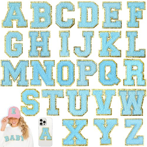 26 Pcs Large Blue 3 Inch A-Z Chenille Letter Patches, Iron on Letters for Fabric and Clothing, Glitter Embroidery Varsity for Letterman Jacket, Backpacks Hats, Sew or Iron on