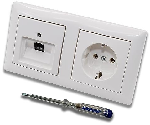 Busch Jäger, Rutenbeck Unterputz Netzwerkdose 10 Gigabit/S CAT6A 6A 1xRJ45 Anschluss + Steckdose mit Kinderschutz 20EUCKS-914 im BJ BalanceSi alpinweiß Design + EBROM Phasenprüfer z. Montage d. Geräte