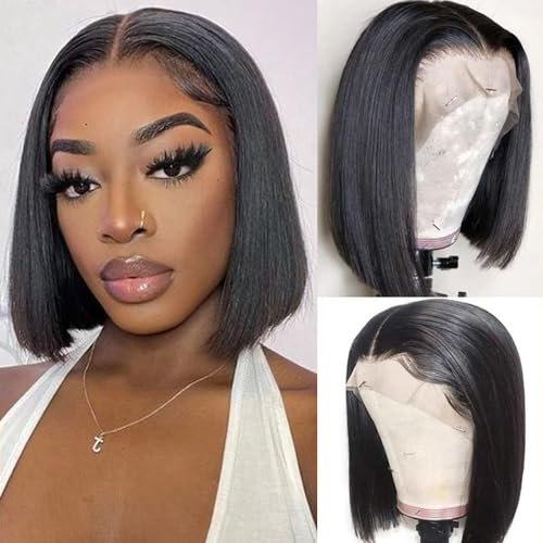 Perruque Femme Naturelle Brésilien 13x4 Lace Front Bob Cheveux Humains Lisse Bresilienne Cheveux Vierges Naturelle Courte Straight Bob Lace Wig Human Hair 10 Pouces Natural Black