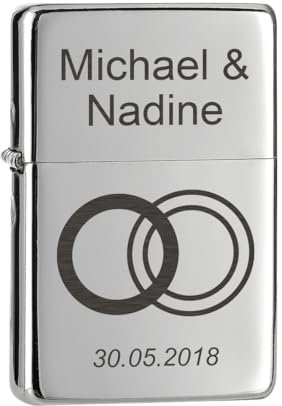 Chrom-Optik Feuerzeug mit individueller Gravur Hochzeitsgeschenk - Geschenk für Braut und Bräutigam - Sturmfeuerzeug zum Campen, Wandern und Reisen
