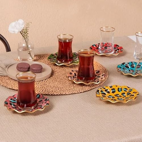 Karaca Leona 6 Person Tea Set - 12 Piece Turkish Tea Cups and Saucers, Turkish Tea Glasses Set with Gold Decal Details 150ml